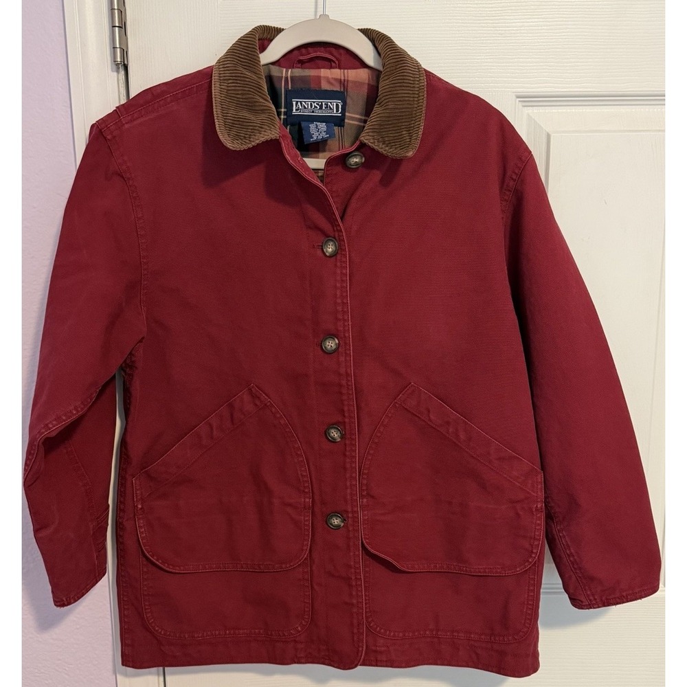 VTG Lands End Women's Barn Jacket (Sz 6-8) PS Red Flannel Lined Corduroy Collar